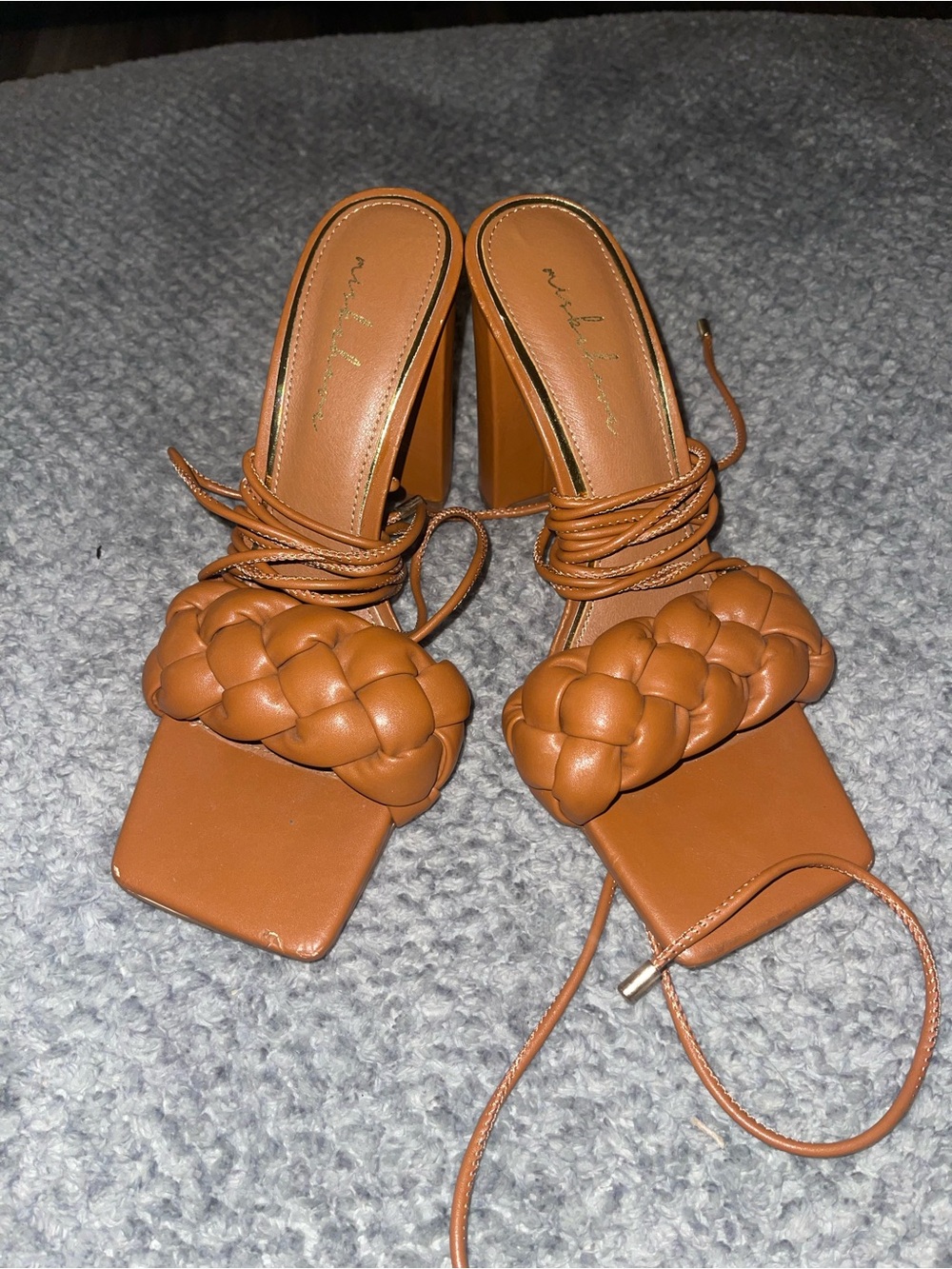 Braided Strap Tan Square-Toe Block Heels - Women